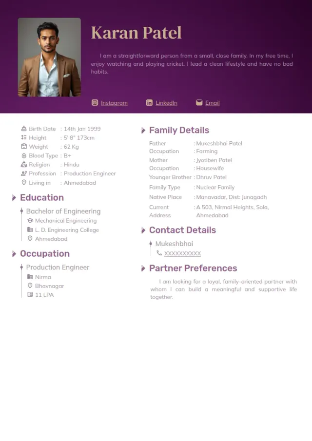 Marriage biodata templates design, Solid Purple
