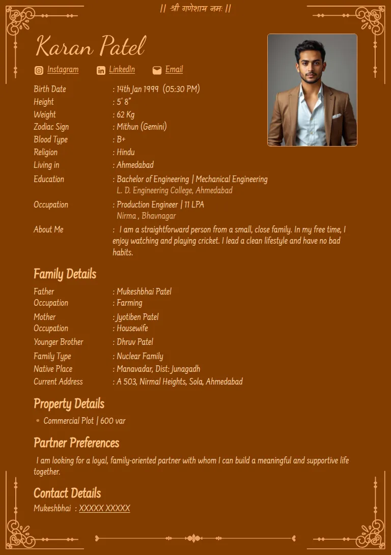 Traditional biodata template, Sehra Brown