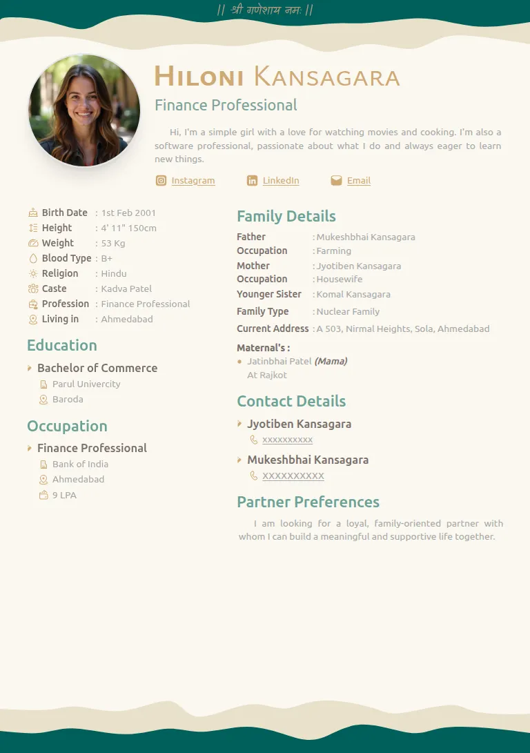 Traditional biodata template, Teal Waves
