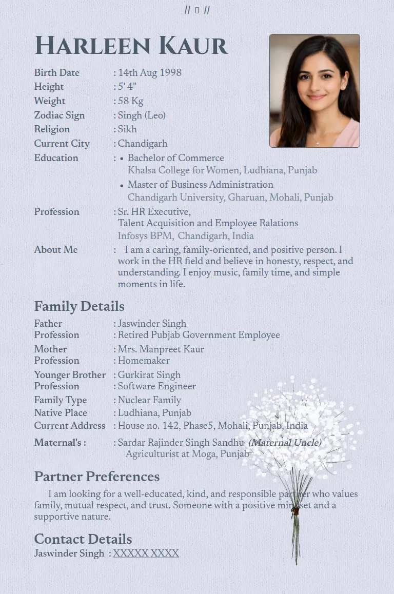 Marriage biodata templates or format design, Gypsophila White