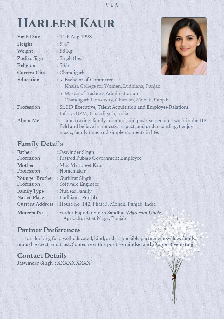 Marriage biodata templates or format design, Gypsophila White