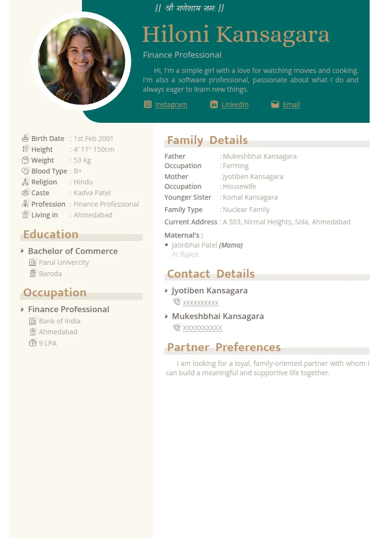 Traditional biodata template, Julia Teal