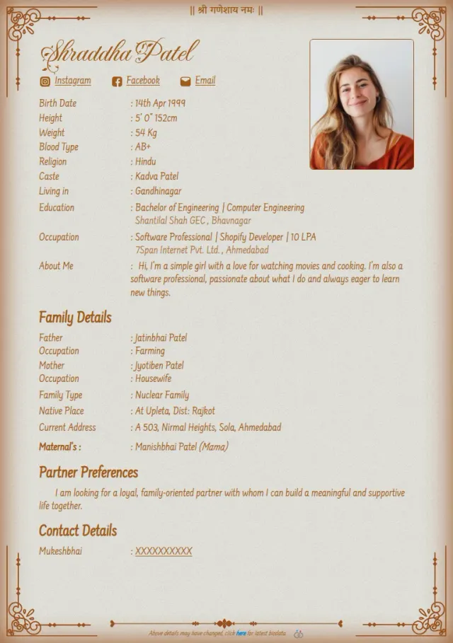 Marriage biodata templates design, Sehra Brown
