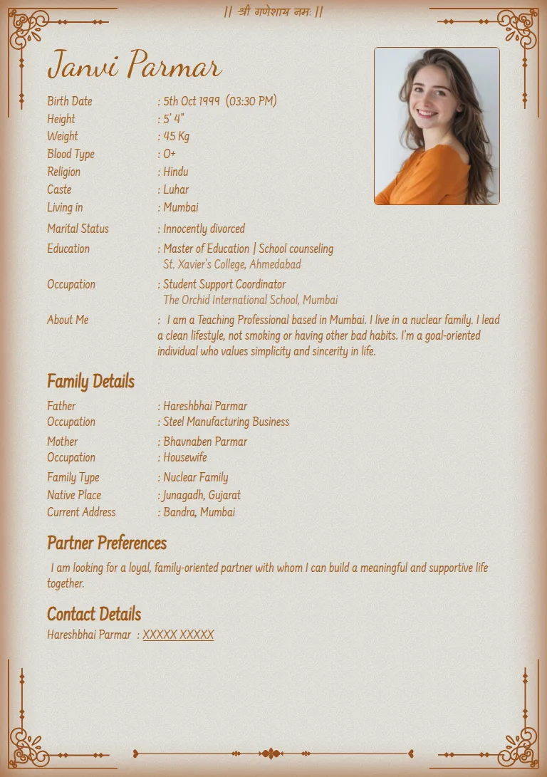 Traditional biodata template, Sehra Almond
