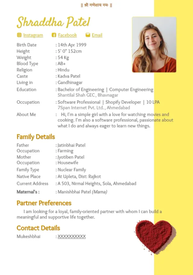 Marriage biodata templates design, Heartful Gold