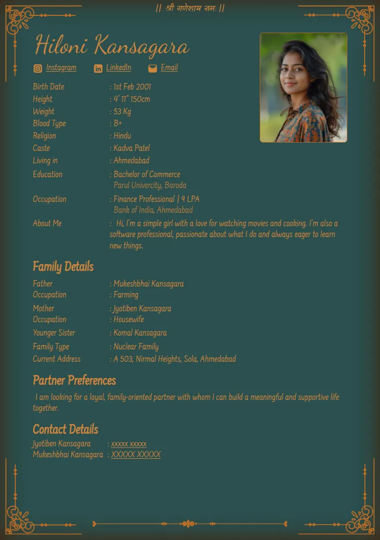 Traditional biodata template, Sehra Teal