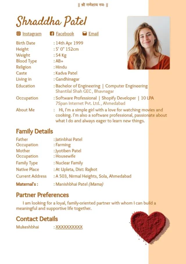 Marriage biodata templates design, Heartful Almond