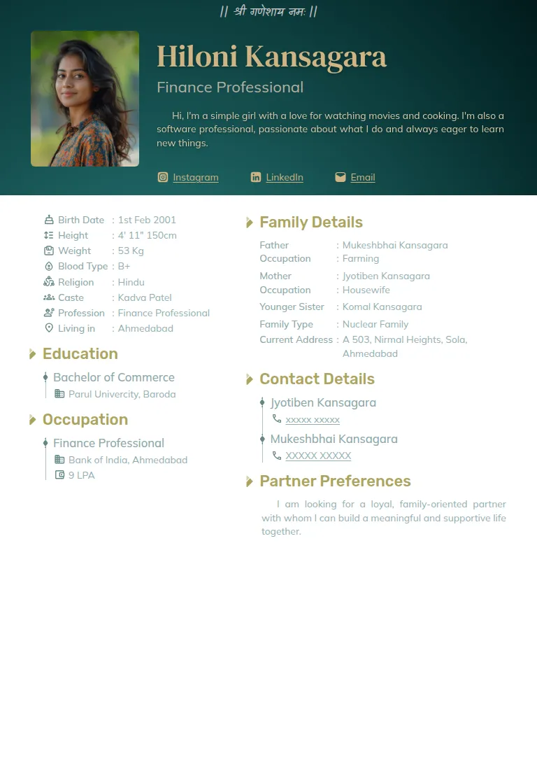 Traditional biodata template, Solid Teal